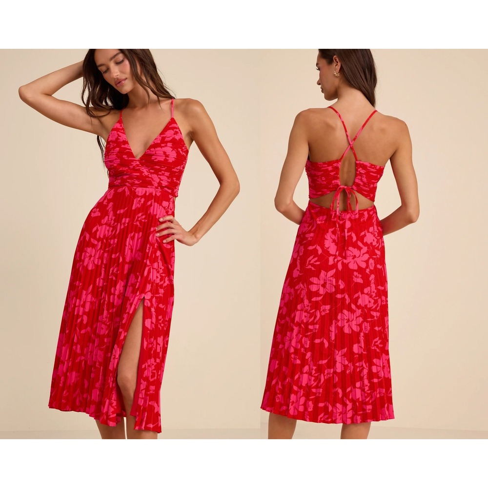 Lulus Vibrant Moment Red and Pink Floral Pleated Lace-Up Midi Dress Size XXS